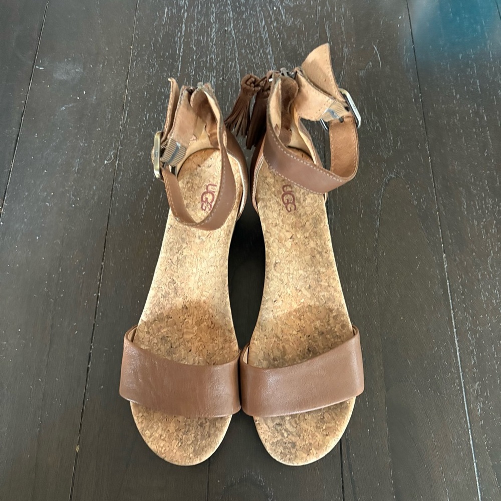 UGG Zoe II Chestnut Leather Wedge Cork Sandals Ankle Strap Size 9.5 Boho Neutral - Picture 4 of 11